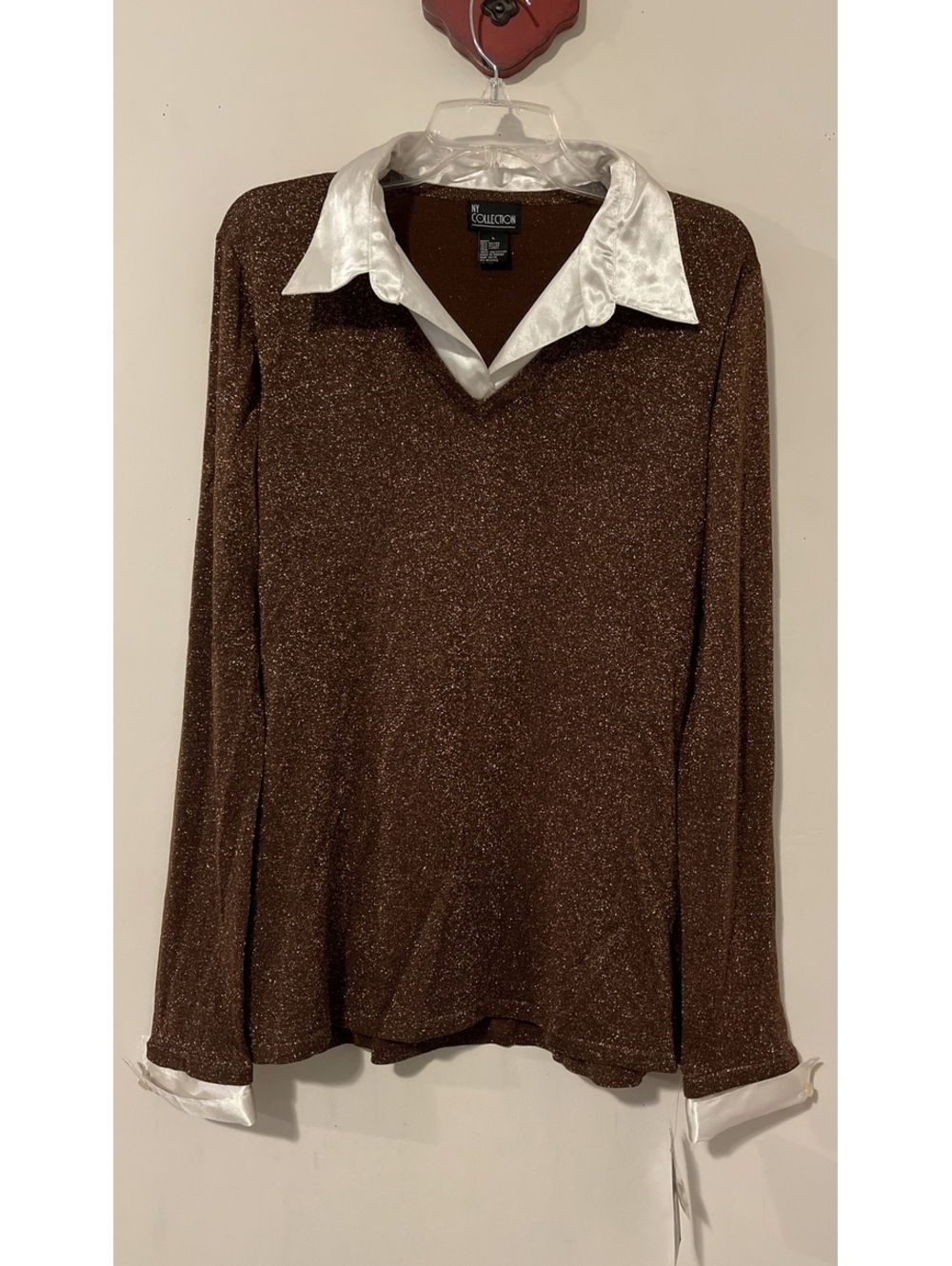 NY Collection Womens Large Brown Glittery Long-Sleeved Vneck Blouse NWT! A4465